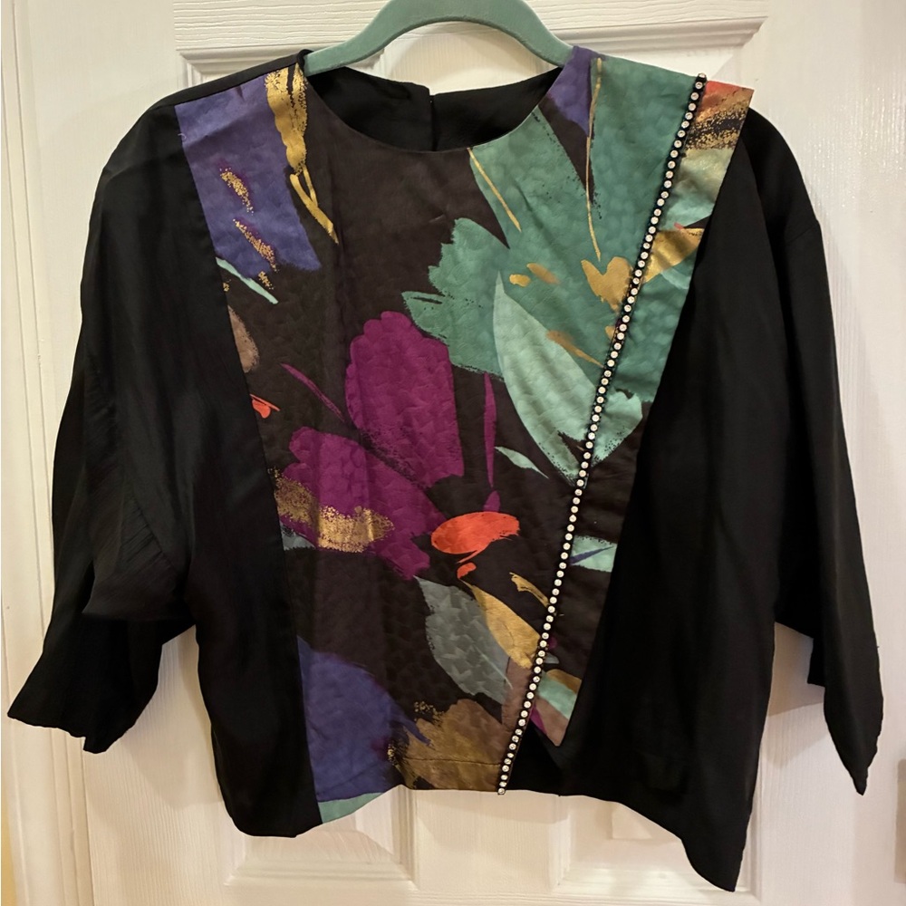 Vintage Helene, Elegant Black Blouse with Multicolor Accents